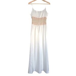 NK iMode White Satin Nightgown Maxi Slip Dress with Sheer Lace Waist‎